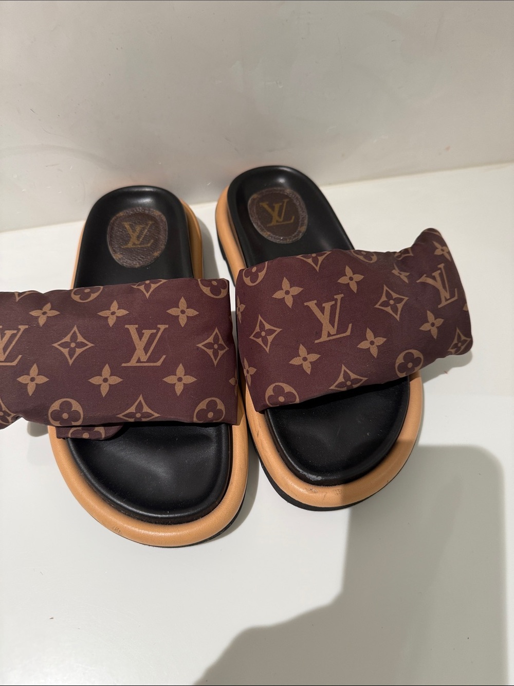Louis Vuitton Brown Monogram Padded Slide Sandals with Black Footbed